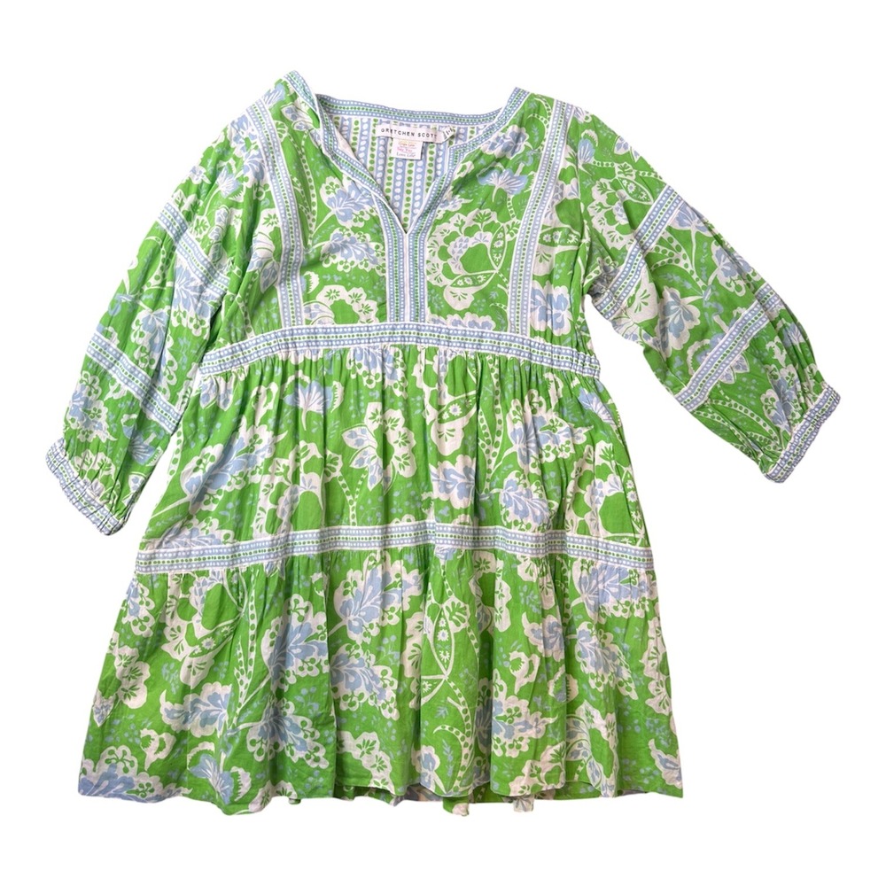 Gretchen Scott Dress Size Goddess XXL Green Blue Floral Paisley Tiered Mini - Picture 14 of 14